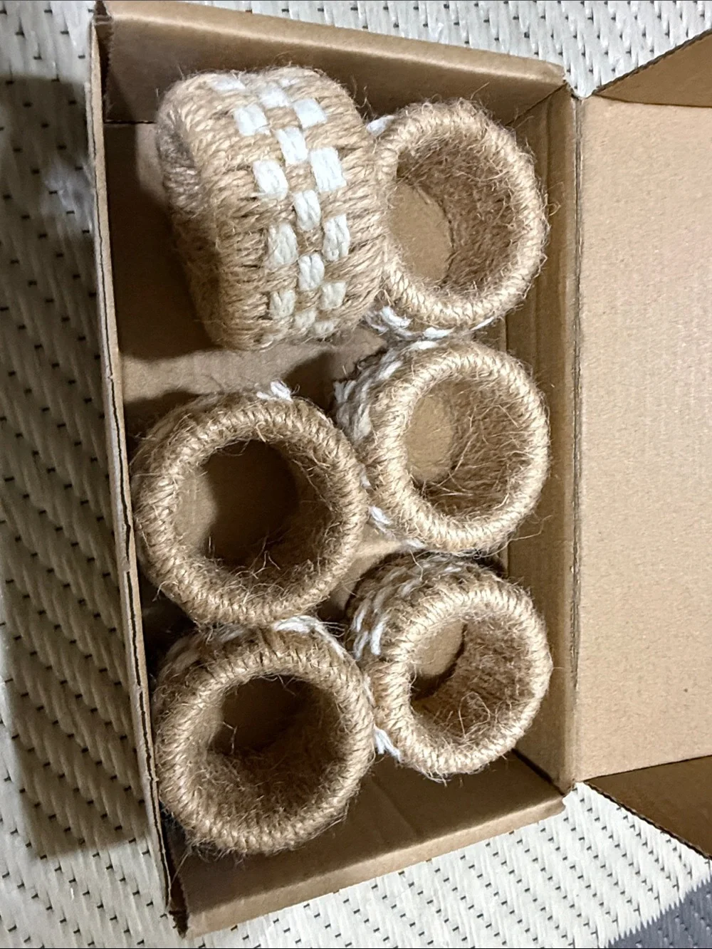 Handmade Jute Napkin Rings - Set of 6 in Natural with White Accent